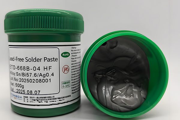 Microscopic view of solder paste showing alloy particles suspended in flux